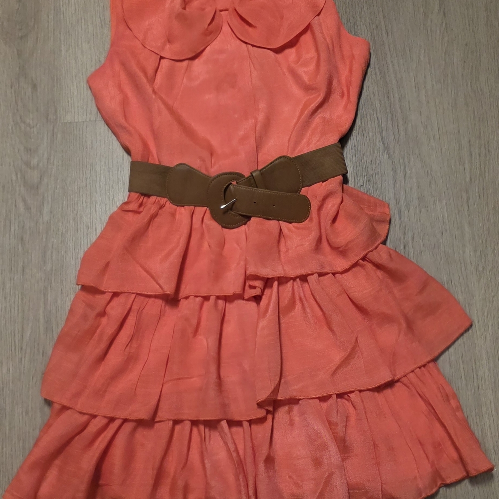 Girls TEEZE ME color Coral Sleeveless Ruffle Dress with Brown Belt Size 3